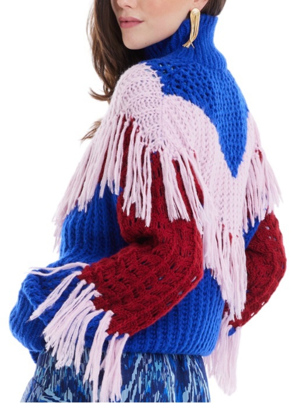 Allison New York Colorblock Fringe Cobalt Sweater | Blush Crimson | Size L NWOT